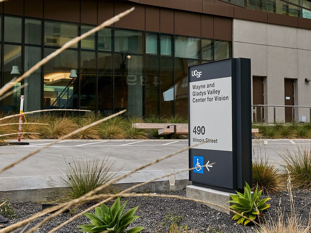 A sign for the UCSF Mission Bay Helen Diller Family Comprehensive Cancer Center for Women is visible in front of a modern building. The sign is black with white lettering and includes the address 400 Parnassus Avenue.